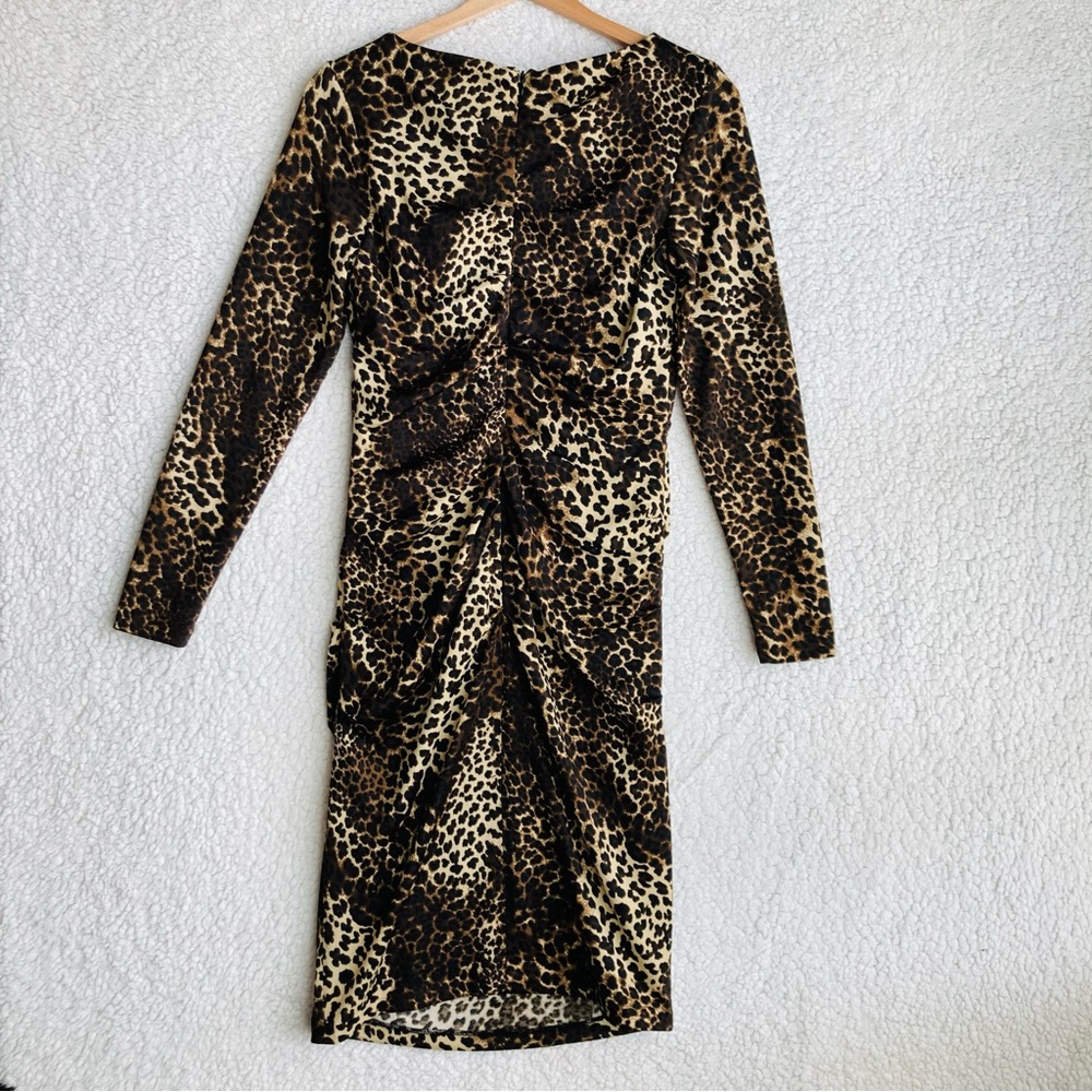 Carmen Marc Valvo leopard print long sleeve jersey knit bodycon midi dress, Sz M - Picture 13 of 16